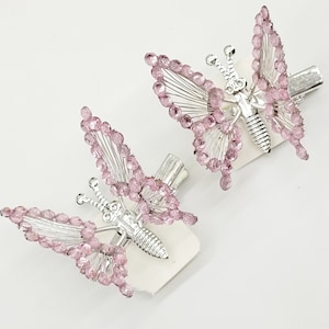 2 Pink butterfly hair clips moving wings Rhinestones 90s nostalgic nostalgia