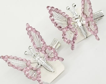 2 Pink butterfly hair clips moving wings Rhinestones 90s nostalgic nostalgia