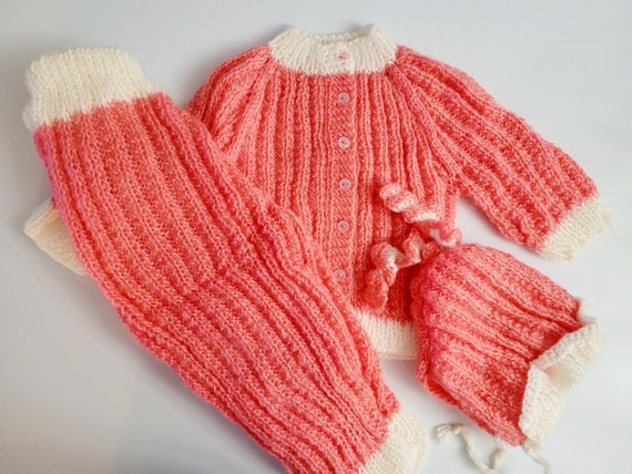 Vintage Hand Knit 3 peice set cardigan pants bonn… - image 1