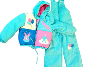 Vintage 80s 90s Snowsuit pants and jacket kids 6x large children turquoise nostalgia nostalgic