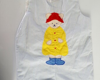 Vintage baby stripped romper bear in Raincoat