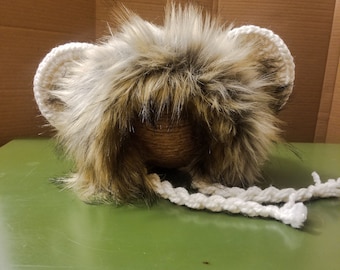 Lion hat bonnet baby child fur chunky yarn hand knit fall Halloween photo prop cub