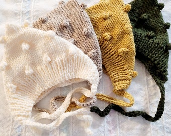 Pixie bonnet hat bobble knit fall kids baby toddler olive, mustard, linen,  ivory