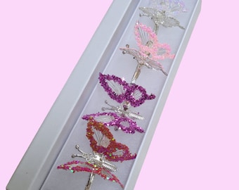 Caja de regalo de San Valentín de 4 clips de pelo de mariposa alas móviles años 90