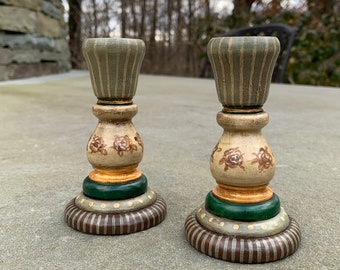 Pair of 5" Hand Painted Antiqued Country Cottage Turned Wood Candlestick Taper Candle Holders Green Brown Gold