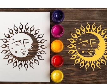 Sun and Moon custom stencil for wall: Reusable celestial template for painting, Small and Large sizes