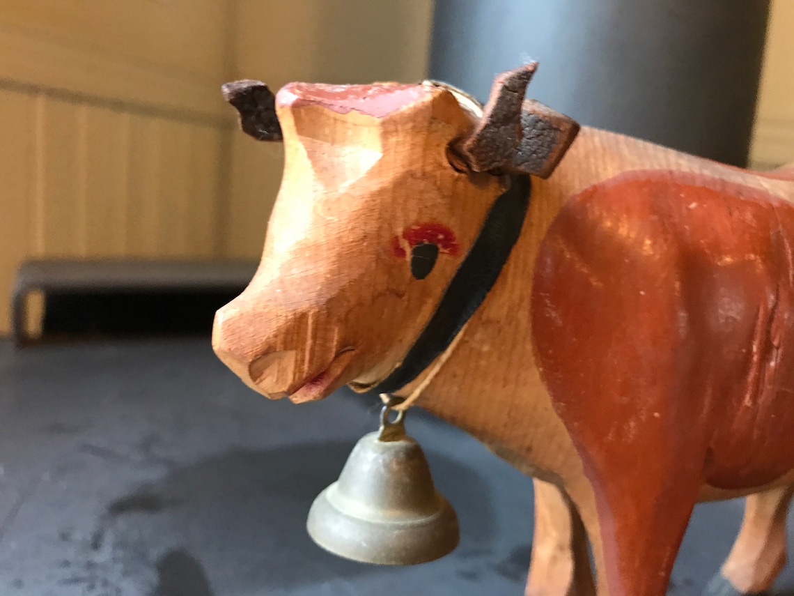 Vintage Folk Art hand carved wooden cow with brass bell Etsy