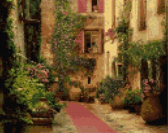 Provence France Courtyard Cross Stitch pattern PDF - EASY chart with one color per sheet AND traditional chart! Two charts in one!