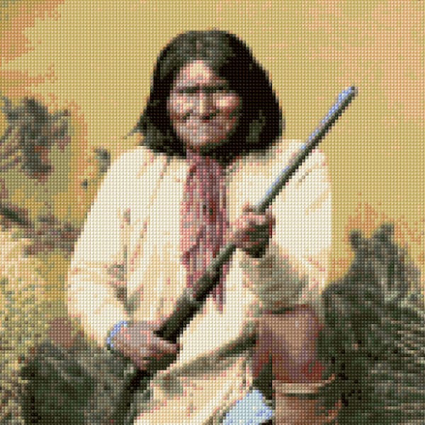 Geronimo Hand Tinted Cross Stitch portrait PDF - EASY chart with one color per sheet And traditional chart! Two charts in one!