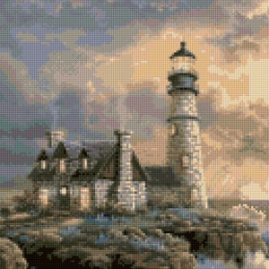 Lighthouse Landscape Cross stitch pattern PDF - EASY chart with one color per sheet AND traditional chart! Two charts in one!