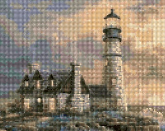 May include: A white lighthouse with a gray roof stands on a rocky cliff overlooking a stormy sea. The sky is a mix of gray, blue, and orange clouds. The lighthouse is surrounded by a small house with a gray roof.