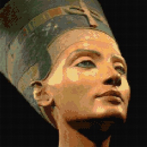 May include: A close-up portrait of an ancient Egyptian queen wearing a golden headdress with intricate details. Her face is painted with a warm, golden tone, and her eyes are looking upwards.