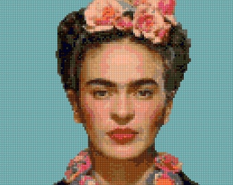 Kahlo collage Cross Stitch Portrait PDF - EASY chart with one color per sheet And traditional chart! Two charts in one!