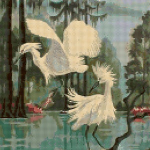 May include: Two white egrets stand in a swampy area with green trees and water. One egret is perched on a branch, while the other is in flight with its wings spread wide.