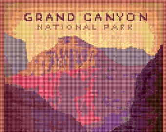 Vintage Grand Canyon reisposter Cross Stitch patroon PDF - EENVOUDIGE grafiek met één kleur per vel EN traditionele grafiek! Twee grafieken in één!