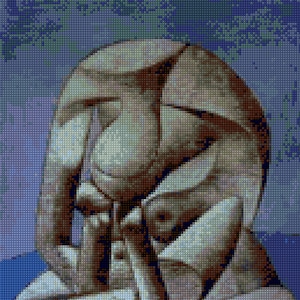 May include: A close-up of a beige, sculpted figure sitting with its arms crossed. The figure is made of a smooth, textured material and has a detailed, realistic appearance. The figure is sitting on a blue and white patterned surface.