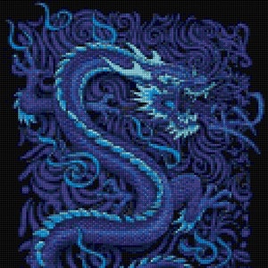 May include: A blue and light blue dragon with intricate details, set against a dark blue background with swirling patterns.
