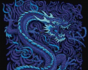 Blauer Drache Kreuzstichvorlage PDF - EASY Stickvorlage mit einer Farbe pro Bogen UND traditionelle Stickvorlage! Zwei Charts in einem!