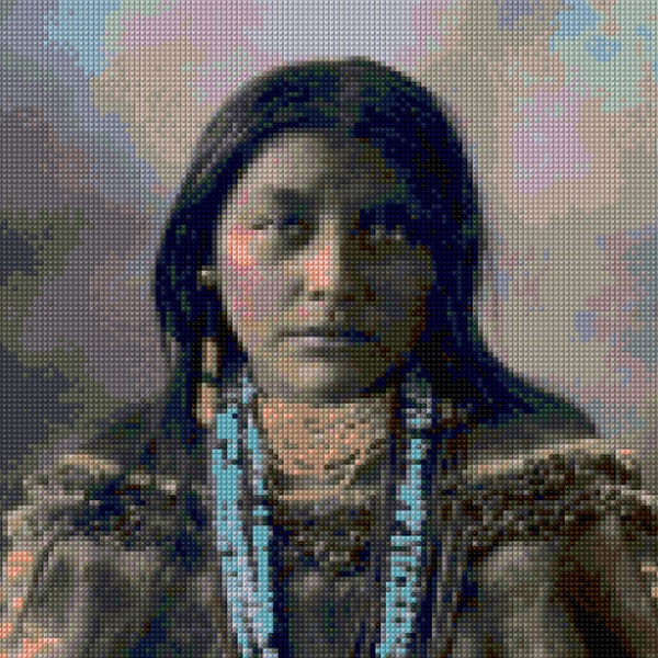 Hand tinted Apache Beauty 1899 Cross Stitch portrait PDF - EASY chart with one color per sheet And traditional chart! Two charts in one!