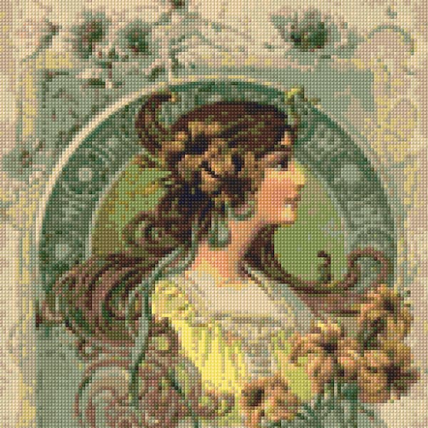 Art Nouveau Postcard Cross Stitch pattern PDF - EASY chart with one color per sheet AND traditional chart! Two charts in one!