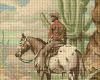 Vintage 1950s Cowboy Cross Stitch pattern Mid Century PDF - EASY chart with one color per sheet And traditional chart! Two charts in one!