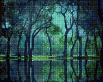 Mysterious Twilight Swamp landscape Cross stitch pattern PDF- EASY chart with one color per sheet AND traditional chart! Two charts in one!