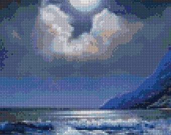 Ocean Moonlight Landscape Cross stitch pattern PDF - EASY chart with one color per sheet AND traditional chart! Two charts in one!
