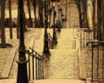 May include: A vintage-style black and white photograph of a stone staircase leading up to a street lined with trees. A lamppost stands at the bottom of the stairs, casting a shadow on the steps.