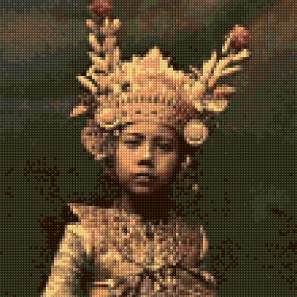 Hand tinted Balinese Girl portrait Cross Stitch pattern PDF- EASY chart with one color per page And traditional chart! Two charts in one!