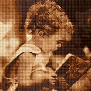 May include: A sepia-toned photograph of a young child sitting and reading a book. The child is wearing a simple dress and has their hair pulled back. The book is open and the child is looking down at the pages.