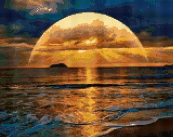 Sunset Halo Ocean Sun Dog Cross stitch pattern PDF - EASY chart with one color per sheet AND traditional chart! Two charts in one!