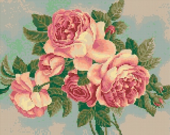 Vintage Roses Cross Stitch pattern PDF - EASY chart with one color per sheet And traditional chart! Two charts in one!