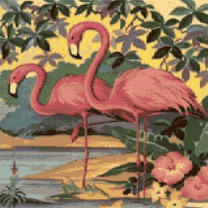 Vintage 1950s Flamingos Cross Stitch pattern PDF - EASY chart with one color per sheet And traditional chart! Two charts in one!