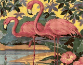 May include: A cross-stitch design featuring two pink flamingos with black beaks and long necks, standing in a tropical setting. The background includes lush green foliage, yellow sky, and pink flowers, creating a vibrant, colorful scene.