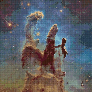 Patrón de punto de cruz del telescopio Hubble "Pilares de la Creación" en PDF: ¡Gráfico fácil con un color por hoja y gráfico tradicional! ¡Dos gráficos en uno!