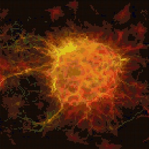 May include: Abstract digital art with a bright yellow and orange center surrounded by a dark brown background with hints of green and blue.
