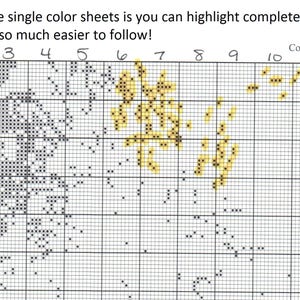May include: A black and white cross stitch pattern with a yellow section highlighting completed stitches. The pattern is labelled "Country Church thread colour 3752".