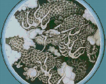 Patrón de punto de cruz del dragón tibetano PDF - ¡Gráfico FÁCIL con un color por hoja Y gráfico normal! ¡Dos gráficos en uno!