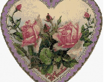 Victorian Heart with Roses Cross Stitch pattern PDF - EASY chart with one color per sheet And traditional chart! Two charts in one!