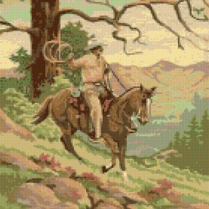 Vintage 1950s Cowboy 2 Cross Stitch pattern Mid Century PDF - EASY chart with one color per sheet And traditional chart! Two charts in one!