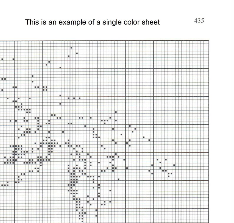 May include: Black and white cross stitch pattern with a floral design. The pattern is on a grid with black lines. This is an example of a single colour sheet. 435