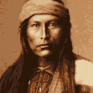 May include: A sepia-toned portrait of a Native American man with long dark hair, wearing a headband and traditional clothing.