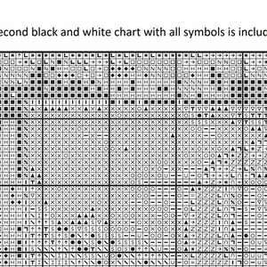 May include: A black and white cross-stitch chart with various symbols, including squares, triangles, and arrows. The text at the top says, "A second black and white chart with all symbols is included."