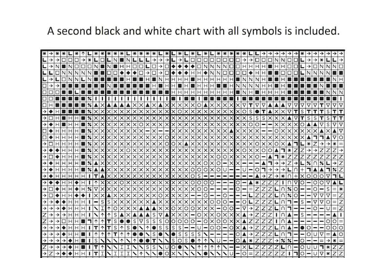 May include: A black and white cross-stitch chart with various symbols, including squares, triangles, and arrows. The text at the top says, "A second black and white chart with all symbols is included."