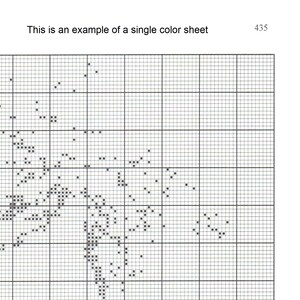 May include: A cross-stitch pattern sheet with a grid of squares and a design composed of black dots. The text at the top reads, "This is an example of a single color sheet."