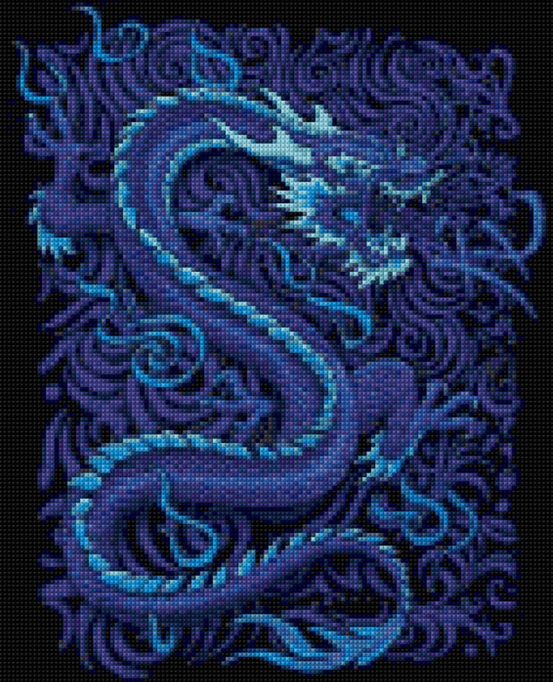 May include: A blue and light blue dragon with intricate details, set against a dark blue background with swirling patterns.