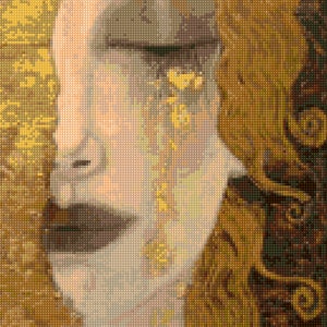 May include: A digital art portrait of a woman with closed eyes, rendered in a pixelated style. The color palette is dominated by gold, beige, and brown tones. Gold accents appear on the face and in the hair, creating a textured effect.