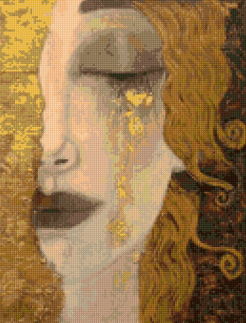 May include: A digital art portrait of a woman with closed eyes, rendered in a pixelated style. The color palette is dominated by gold, beige, and brown tones. Gold accents appear on the face and in the hair, creating a textured effect.