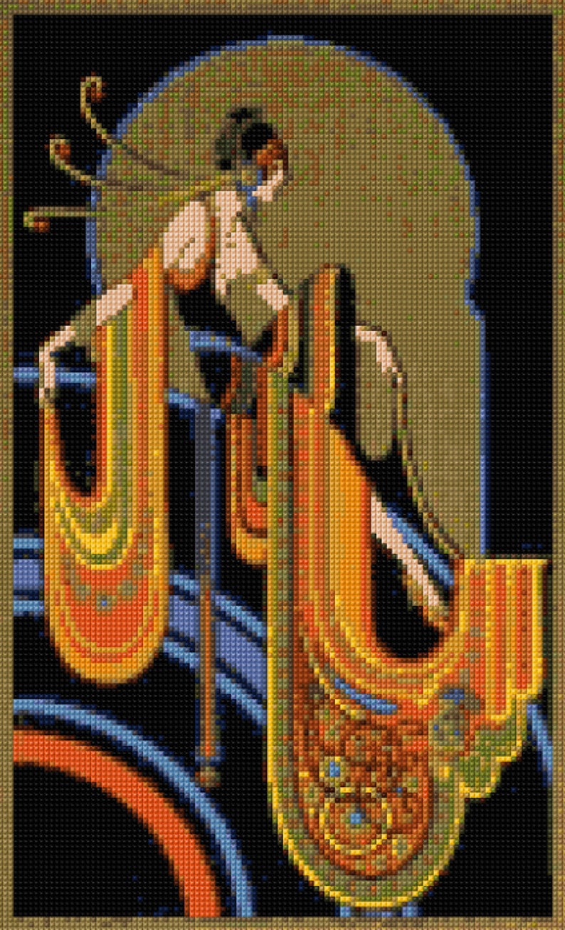 May include: A cross-stitch pattern featuring a stylized figure in profile against a large circular olive-green background. The figure wears flowing garments in shades of orange, yellow, and green, with long, draped sleeves over a dark black backdrop.