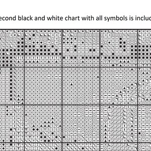 May include: Black and white chart with symbols, including arrows, letters, and shapes. The chart is divided into a grid of squares.